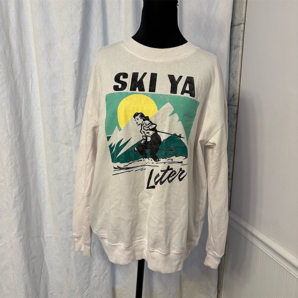 FIFTH SUN Ski Ya Later Graphic Crewneck Sweatshirt Ivory Unisex Size L